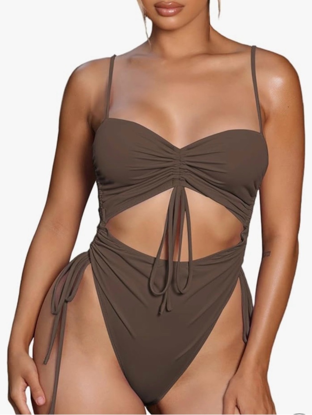 Women’s Brown Cutout One-Piece Swimsuit with Side Ties